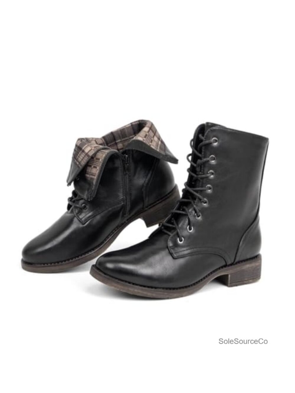 Mid Calf Lace Up Combat Boots Low Heel Faux Leather Zipper Booties